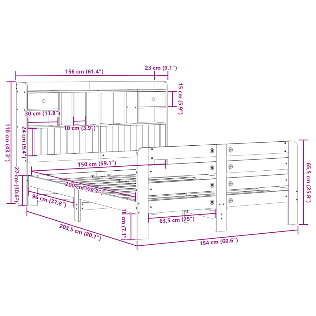 vidaXL Cama con estantería sin colchón madera maciza de pino 140x200cm