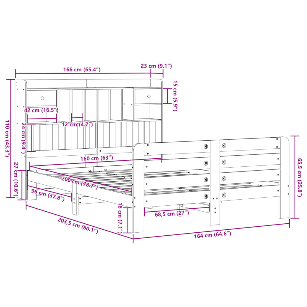 vidaXL Cama con estantería sin colchón madera maciza blanca 160x200 cm