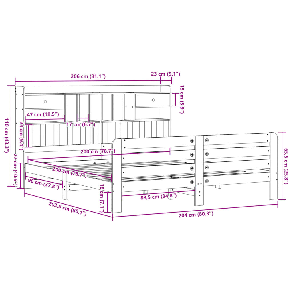 vidaXL Cama con estantería sin colchón madera maciza de pino 200x200cm