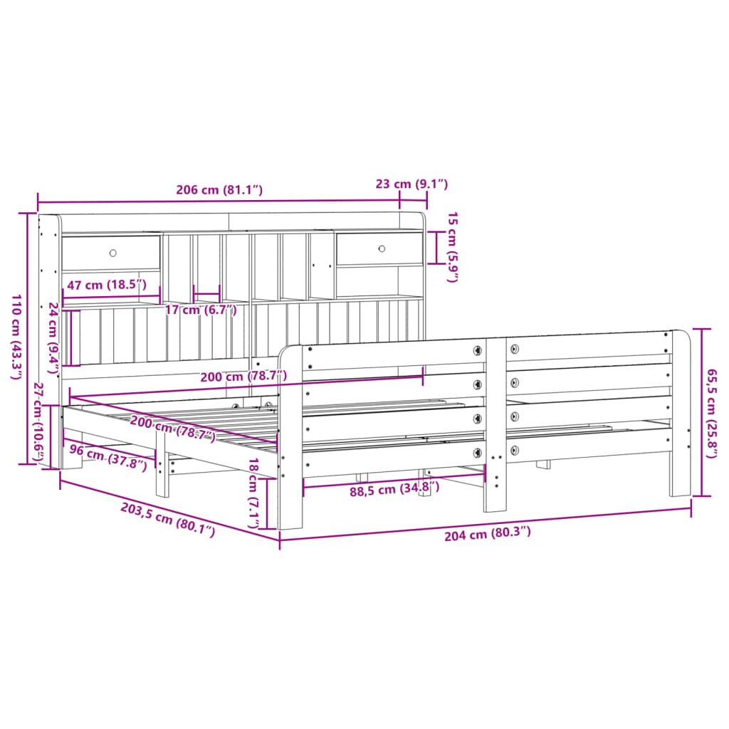 vidaXL Cama con estantería sin colchón madera maciza marrón 200x200 cm