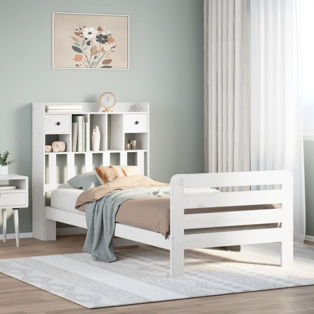 vidaXL Cama con estantería sin colchón madera maciza blanca 75x190 cm