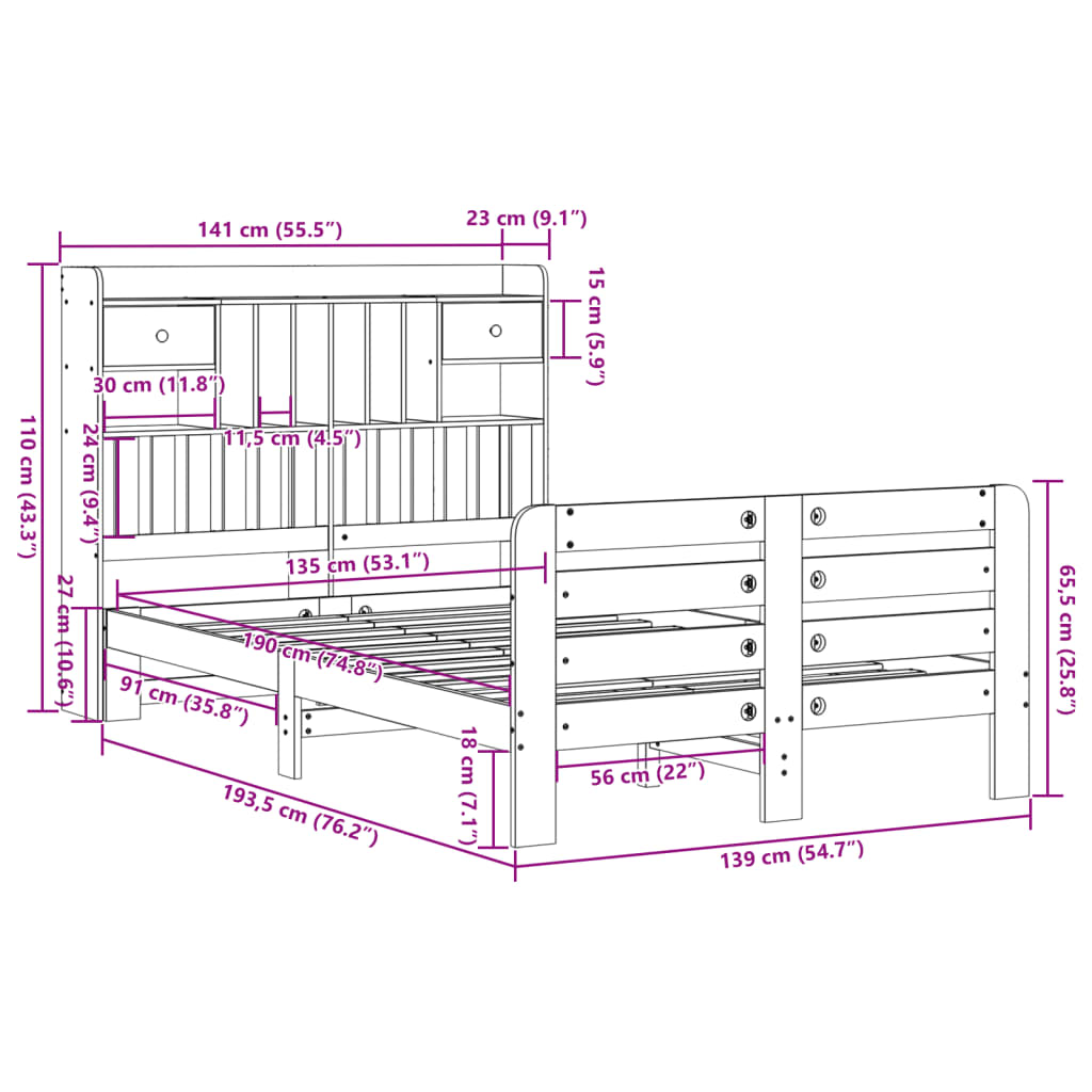 vidaXL Cama con estantería sin colchón madera maciza marrón 135x190cm