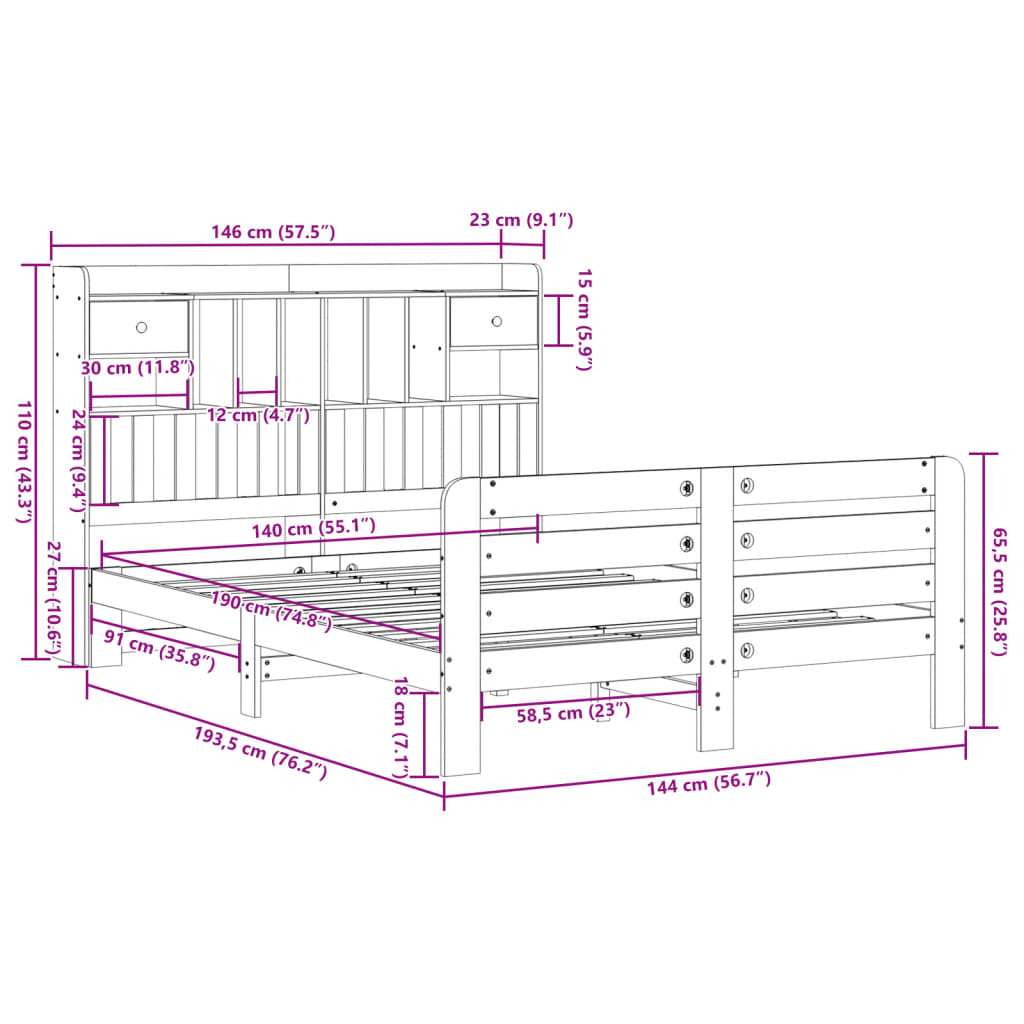 vidaXL Cama con estantería sin colchón madera maciza blanca 140x190 cm