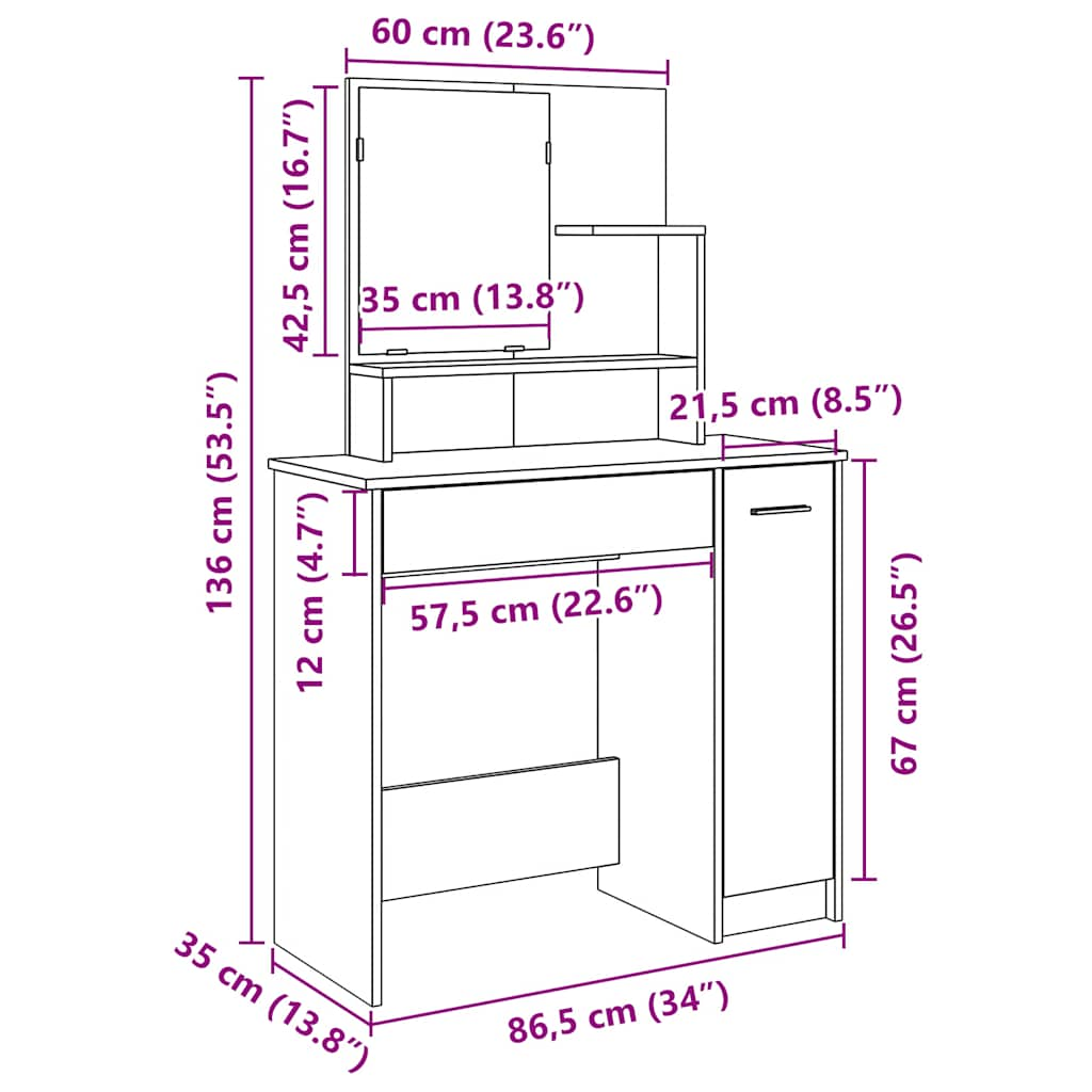 vidaXL Tocador con espejo envejecida 86,5x35x136 cm