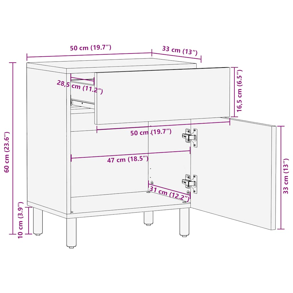 vidaXL Mesita de noche madera maciza de mango 50x33x60 cm marrón