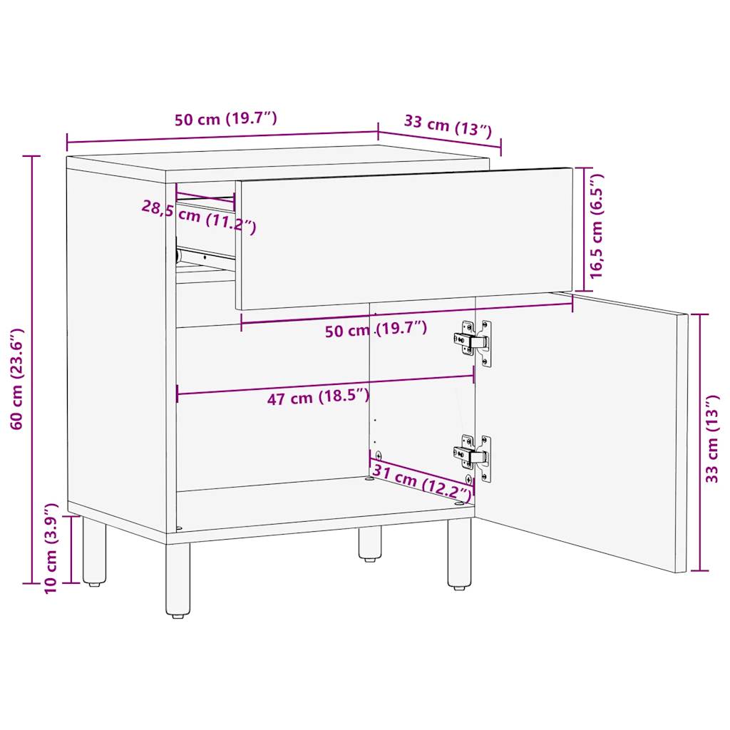 vidaXL Mesita de noche madera maciza de mango rugosa negro 50x33x60 cm