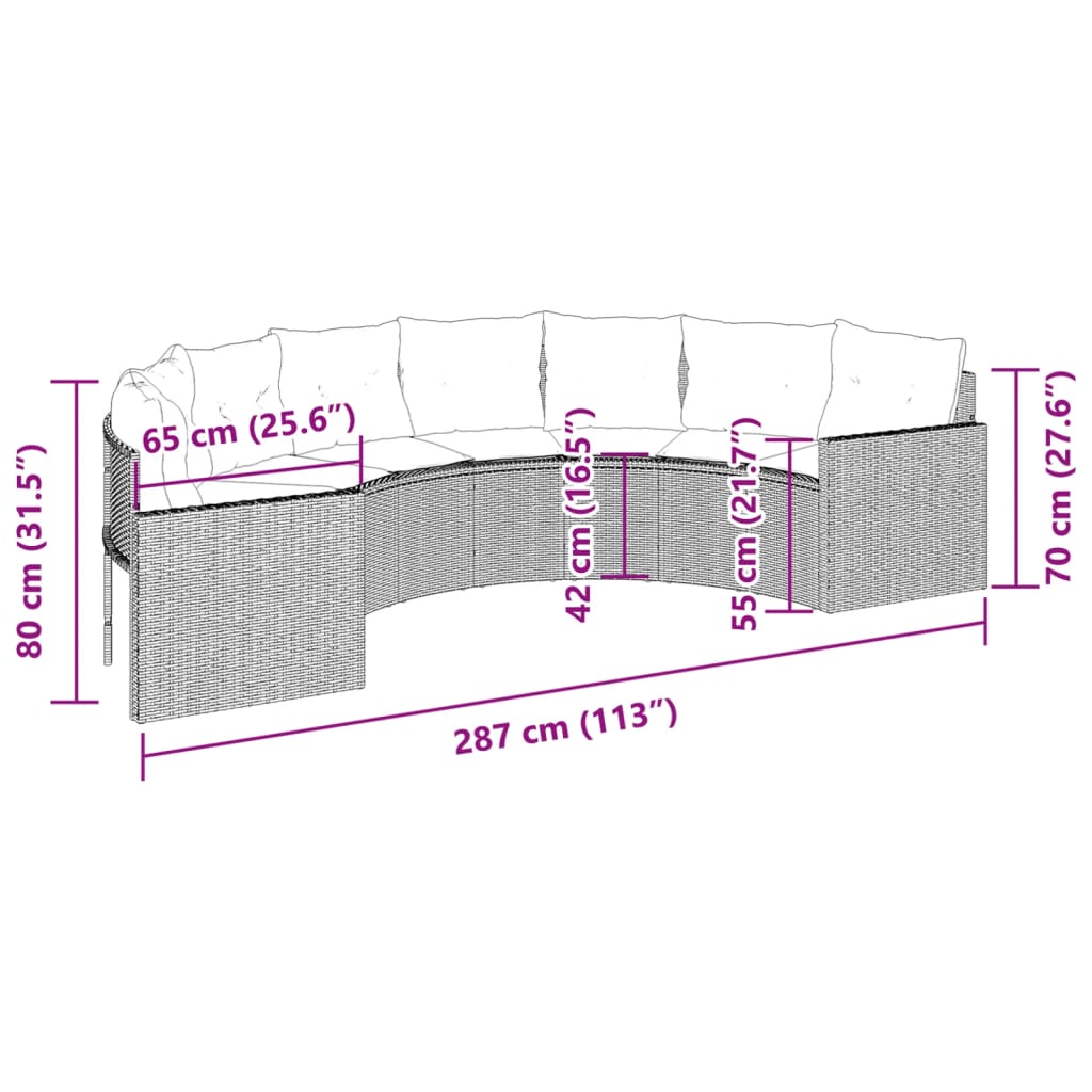 vidaXL Sofá de jardín semicircular con cojines ratán sintético gris