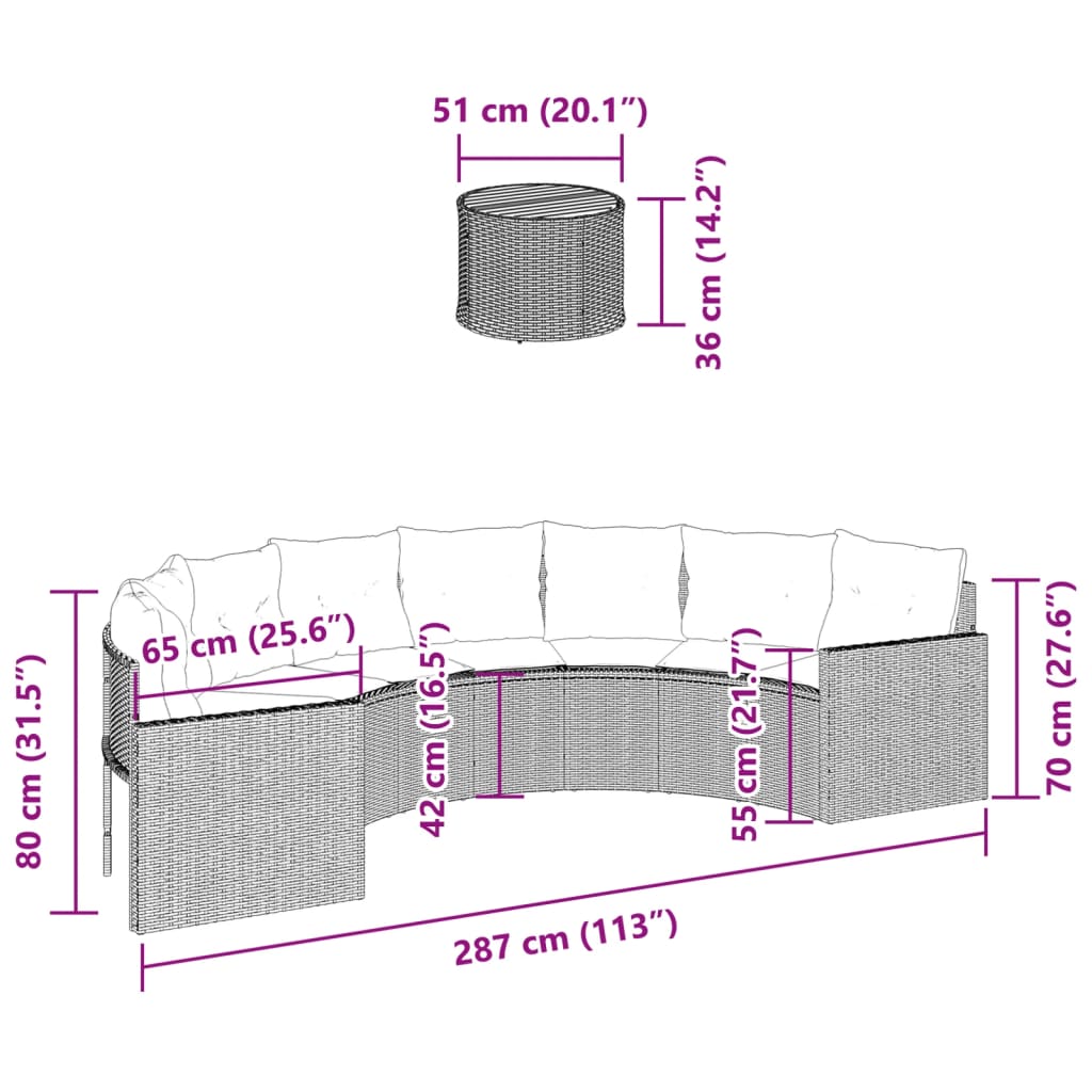 vidaXL Sofá de jardín semicircular con mesa y cojines ratán PE negro