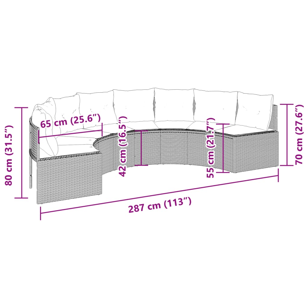 vidaXL Sofá de jardín semicircular con cojines ratán sintético gris