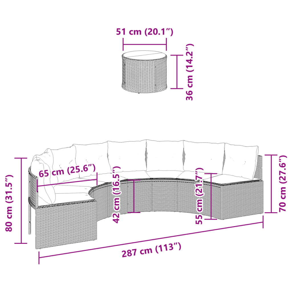 vidaXL Sofá de jardín semicircular con mesa y cojines ratán PE beige