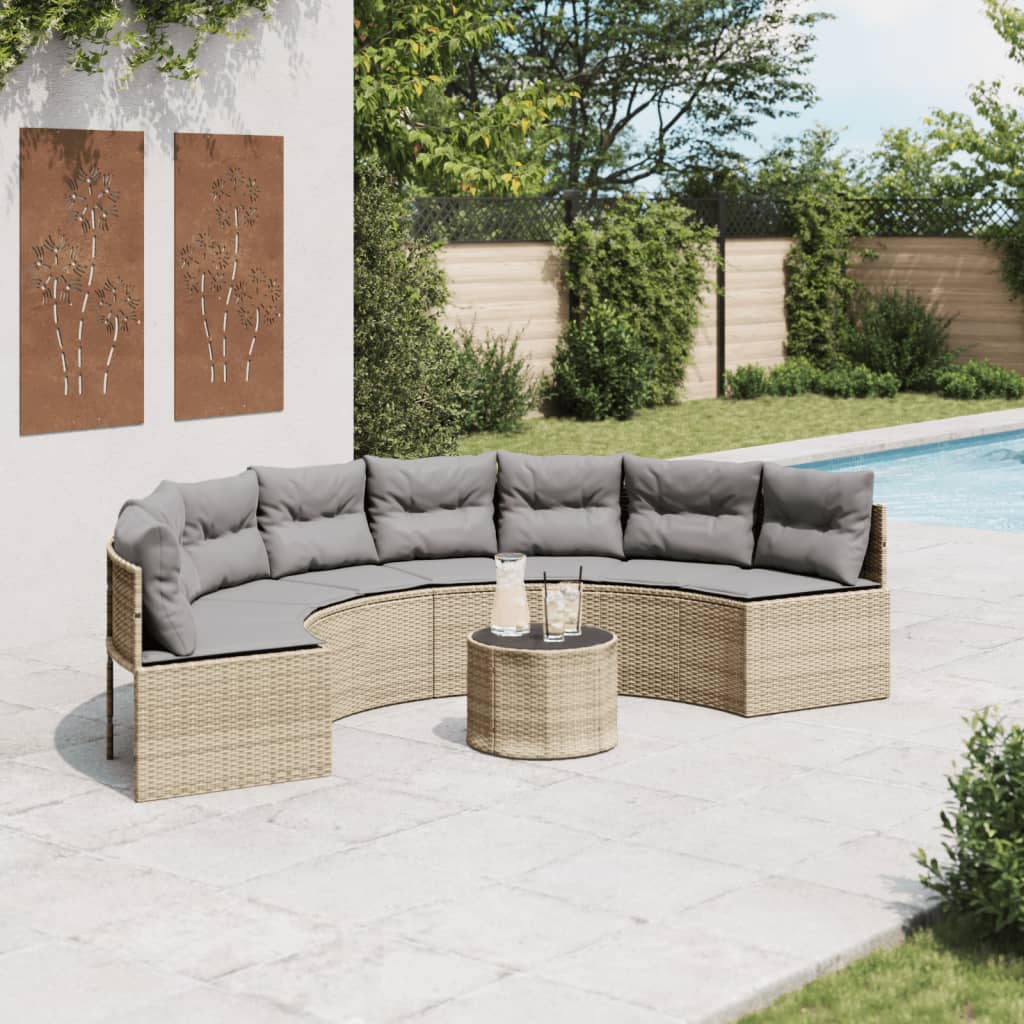 vidaXL Sofá de jardín semicircular con mesa y cojines ratán PE beige