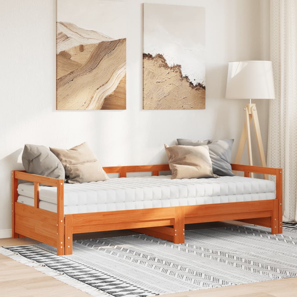 vidaXL Sofá cama nido con colchones madera maciza pino marrón 90x200cm