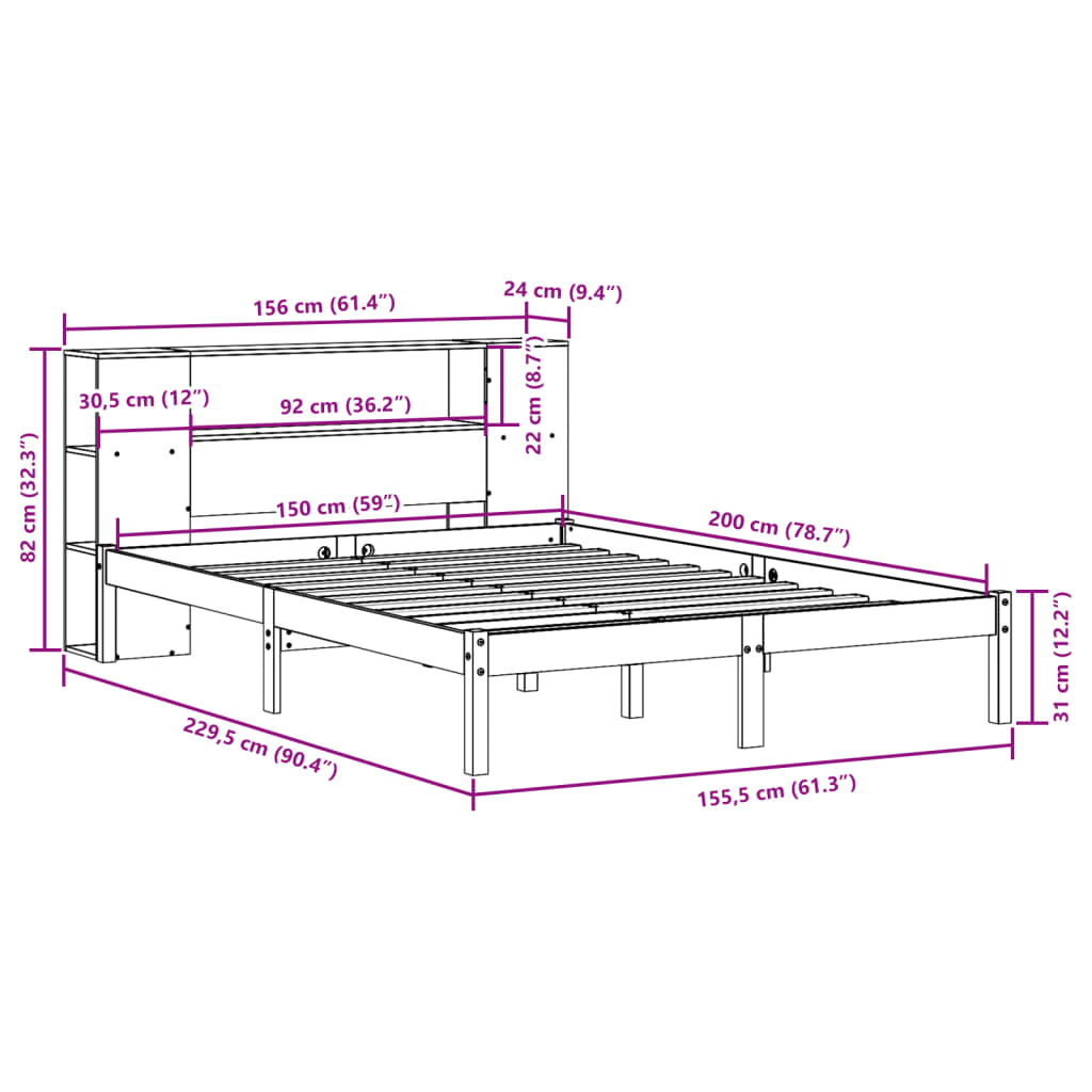 vidaXL Cama con estantería sin colchón madera maciza blanca 150x200 cm