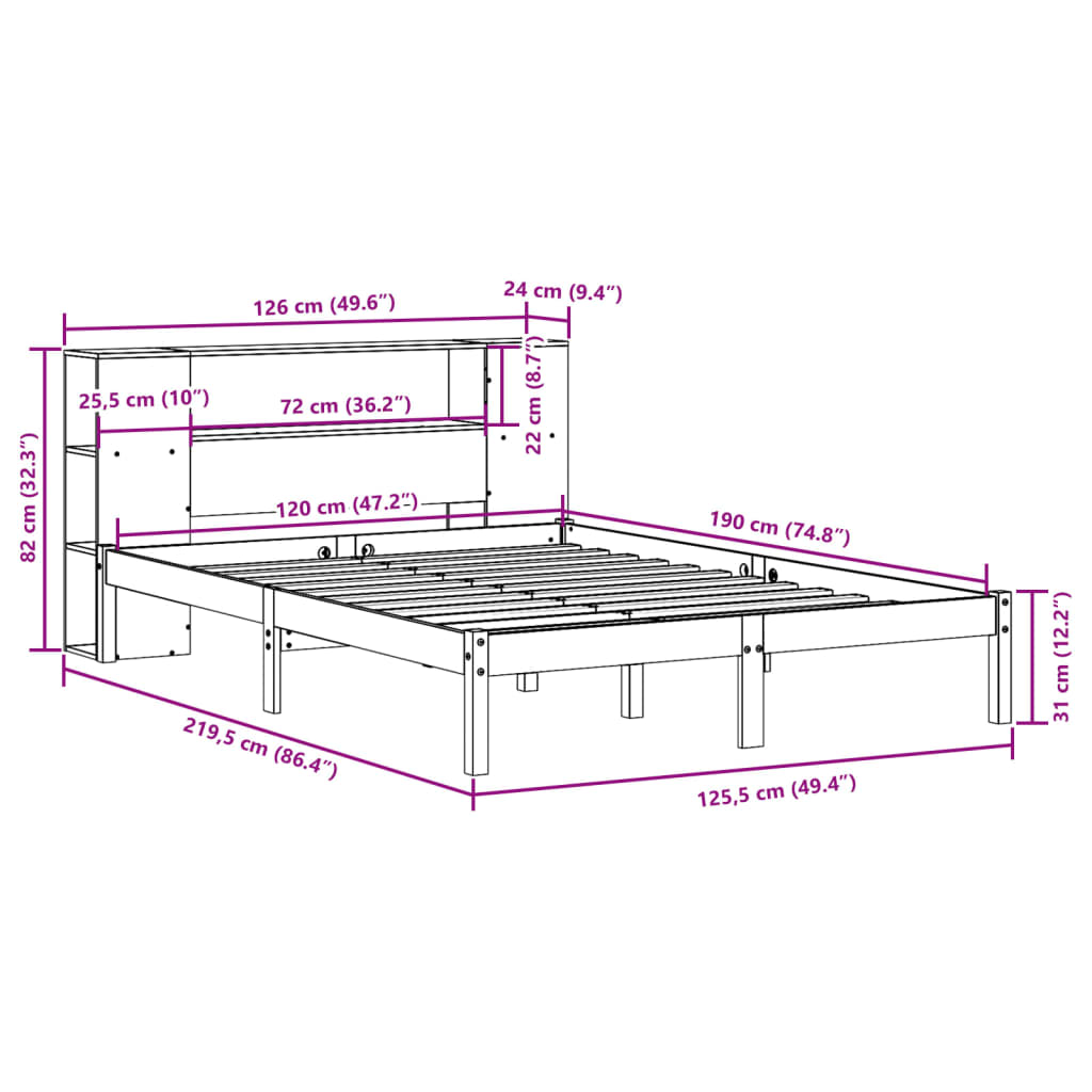 vidaXL Cama con estantería sin colchón madera maciza marrón 120x190 cm