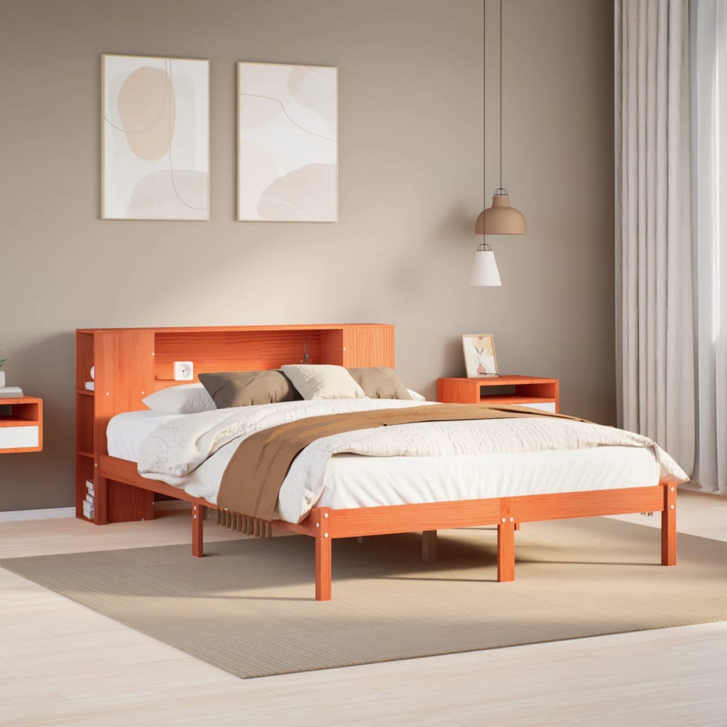 vidaXL Cama con estantería sin colchón madera maciza marrón 150x200 cm