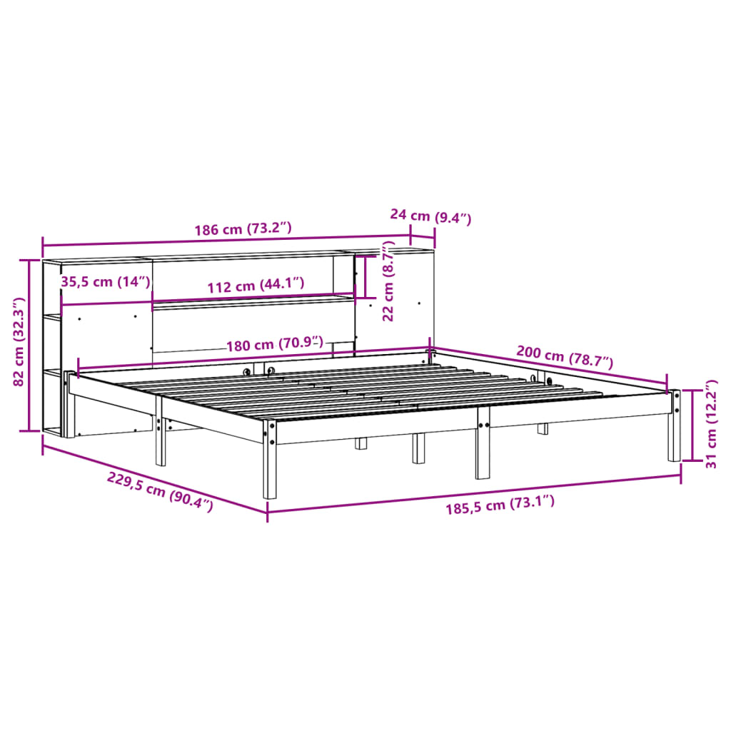 vidaXL Cama con estantería sin colchón madera maciza marrón 180x200cm