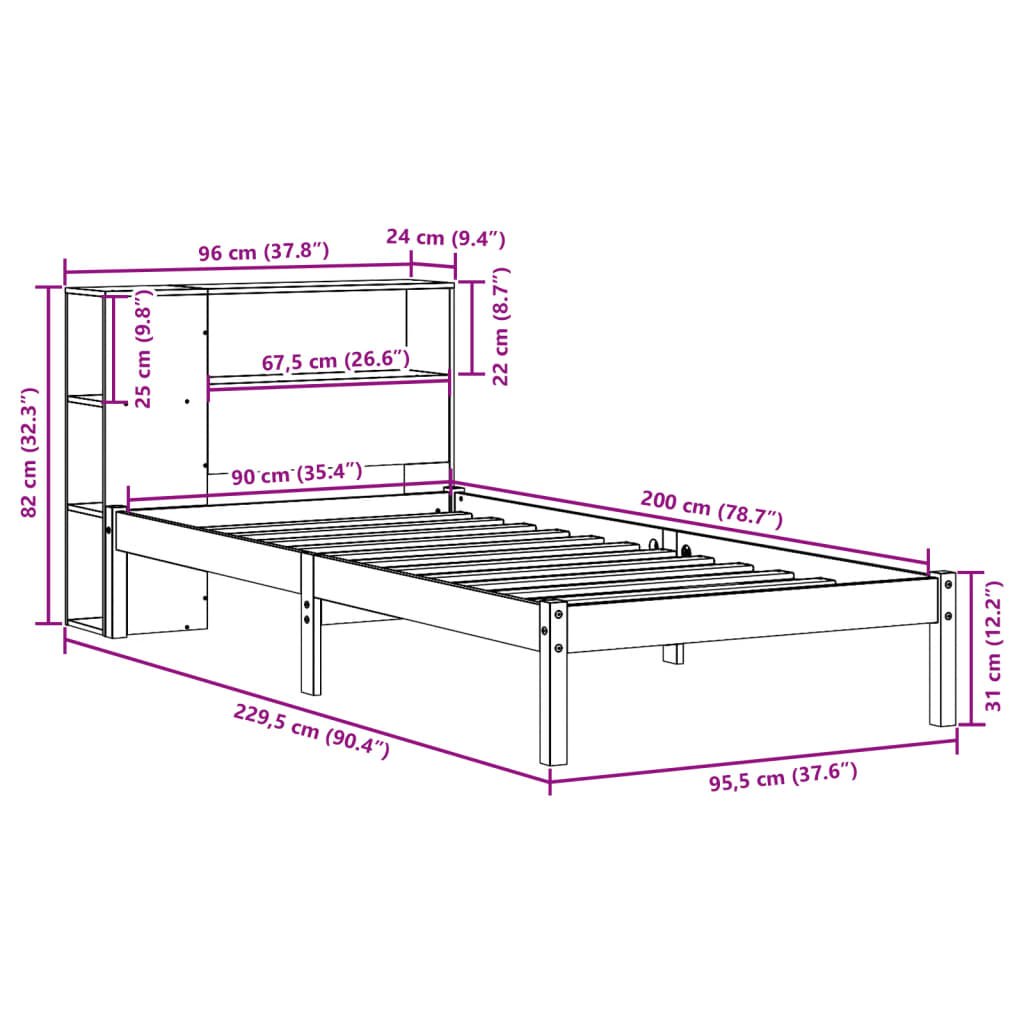 vidaXL Sofá con estantería sin colchón madera maciza marrón 90x200 cm