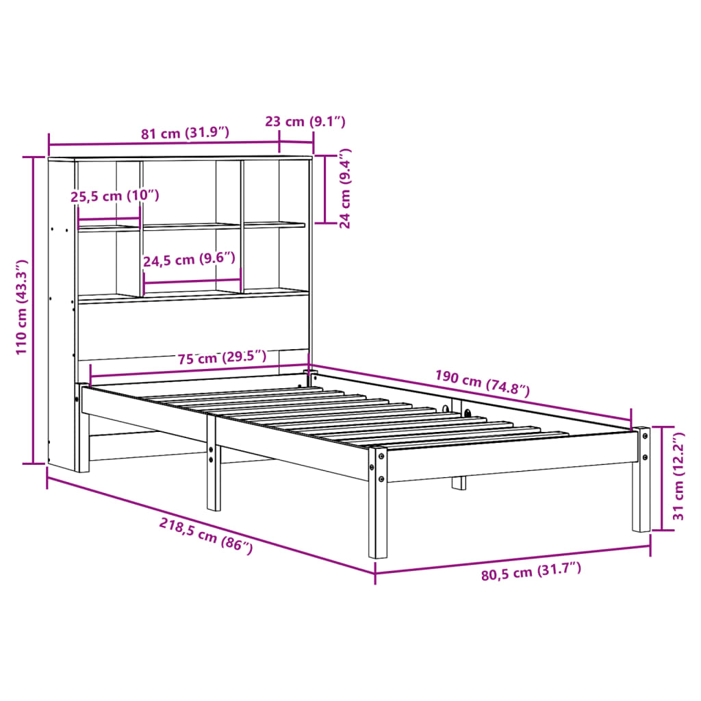 vidaXL Cama con estantería sin colchón madera maciza de pino 75x190 cm