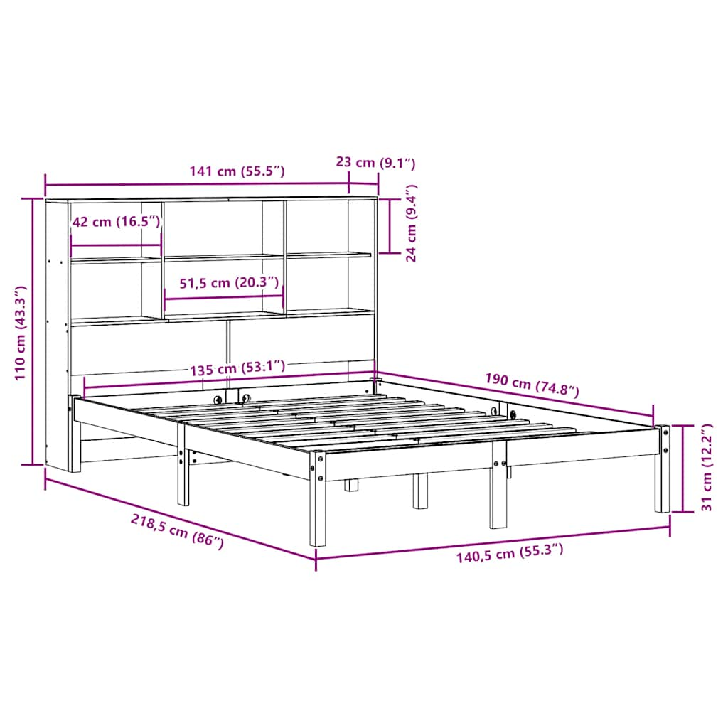 vidaXL Cama con estantería sin colchón madera maciza blanca 135x190 cm