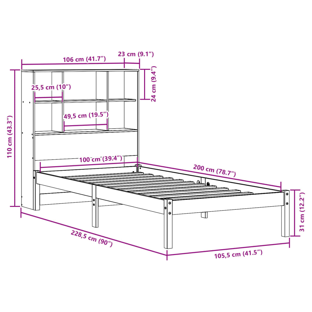 vidaXL Cama con estantería sin colchón madera maciza de pino 100x200cm