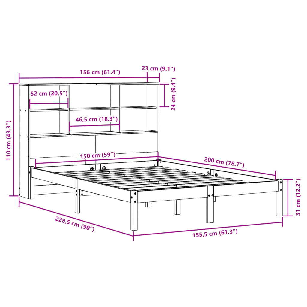 vidaXL Cama con estantería sin colchón madera maciza blanca 150x200 cm