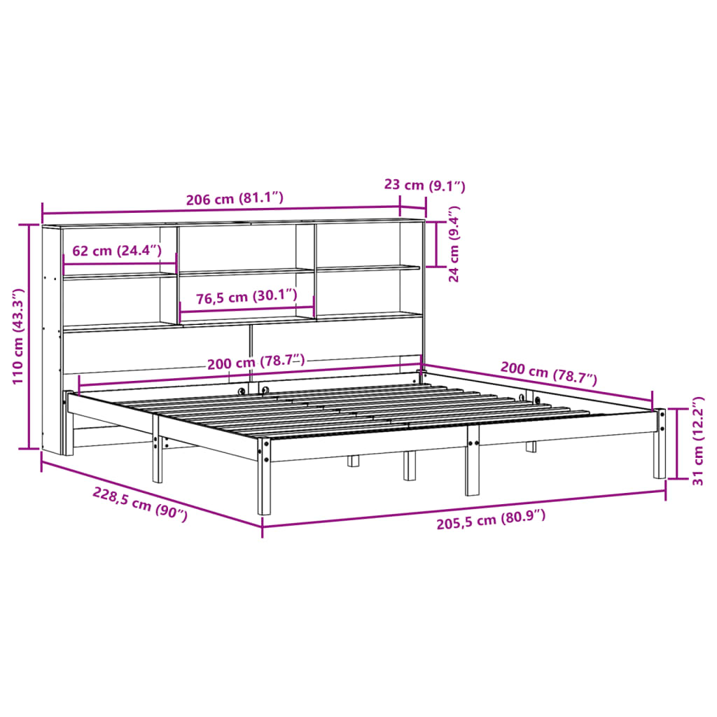 vidaXL Cama con estantería sin colchón madera maciza de pino 200x200cm