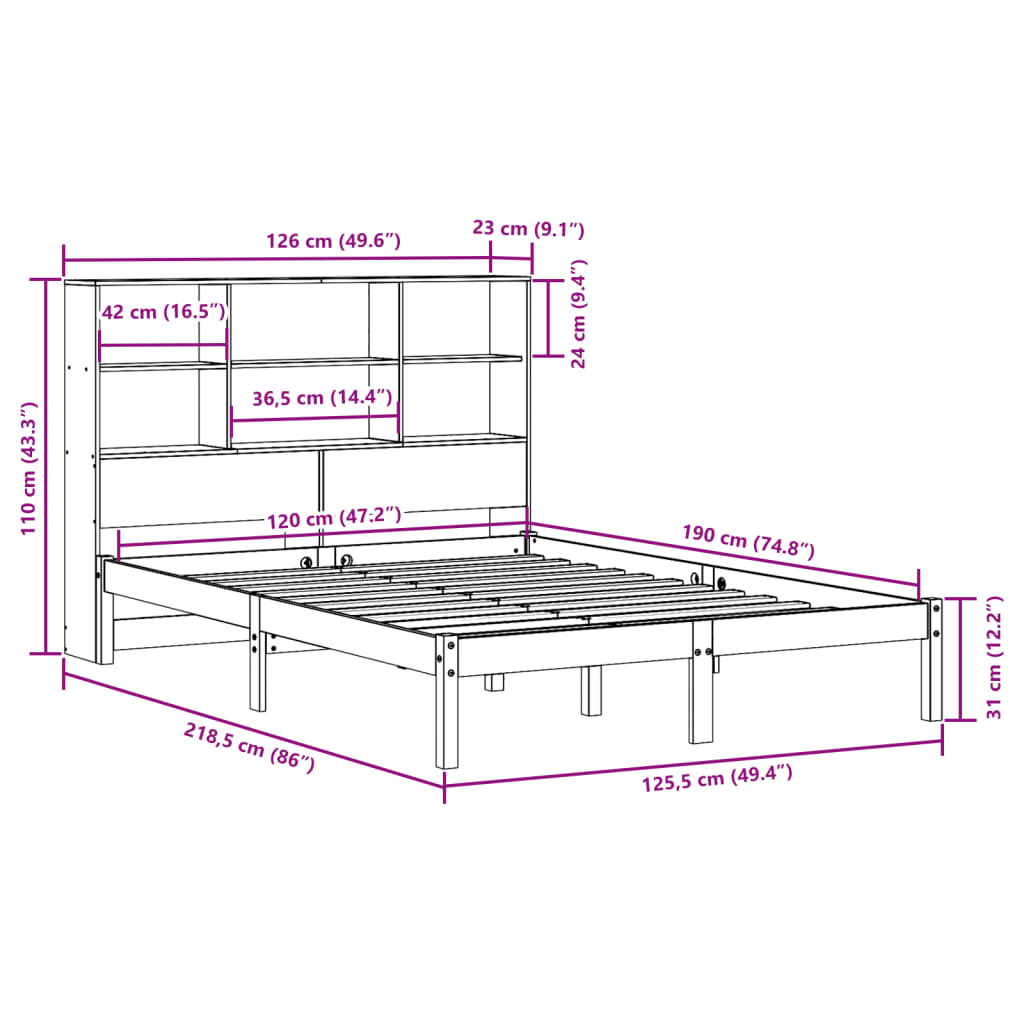 vidaXL Cama con estantería sin colchón madera maciza marrón 120x190 cm