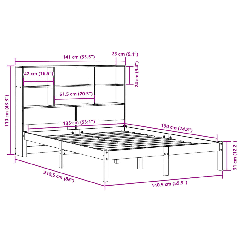 vidaXL Cama con estantería sin colchón madera maciza marrón 135x190cm