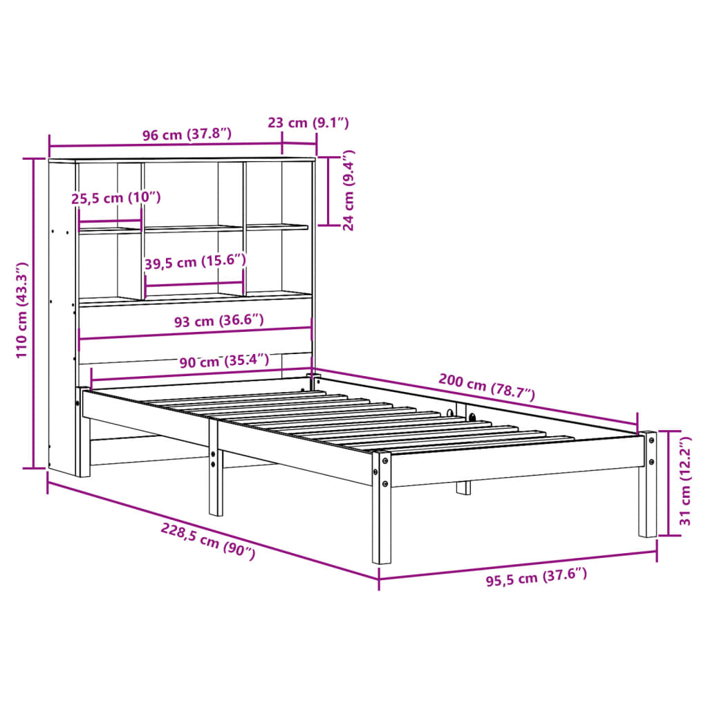 vidaXL Sofá con estantería sin colchón madera maciza marrón 90x200 cm