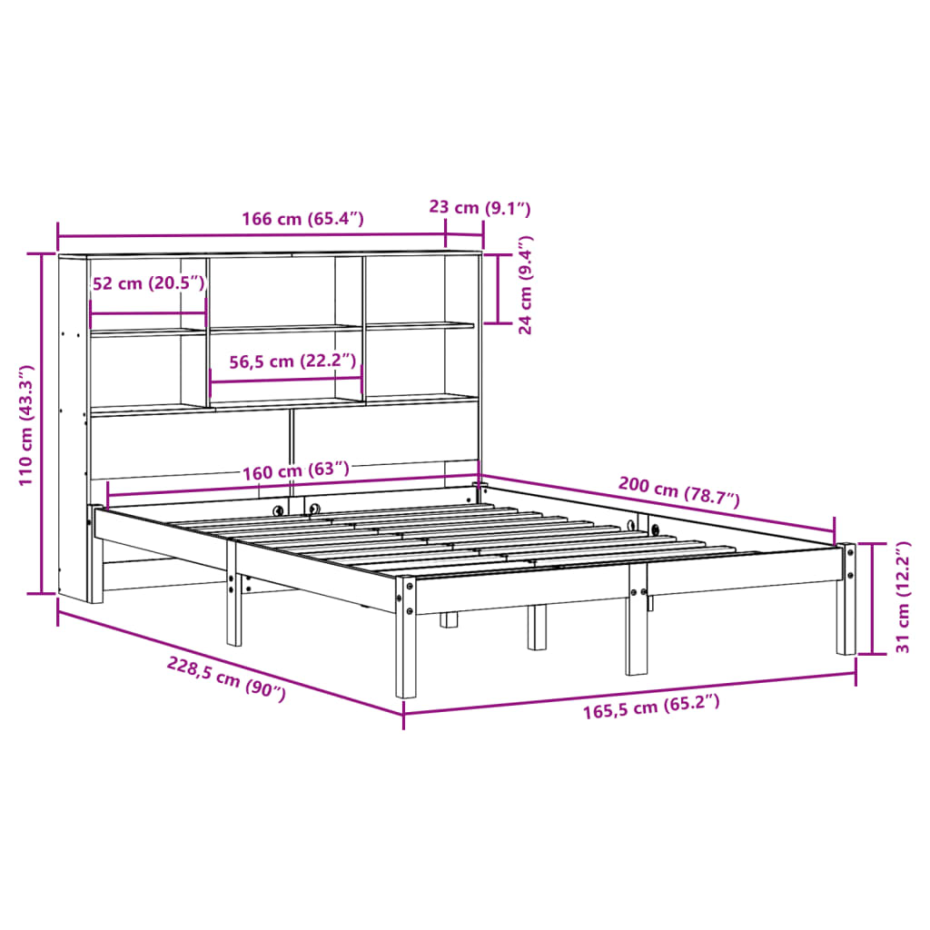 vidaXL Cama con estantería sin colchón madera maciza marrón 160x200 cm