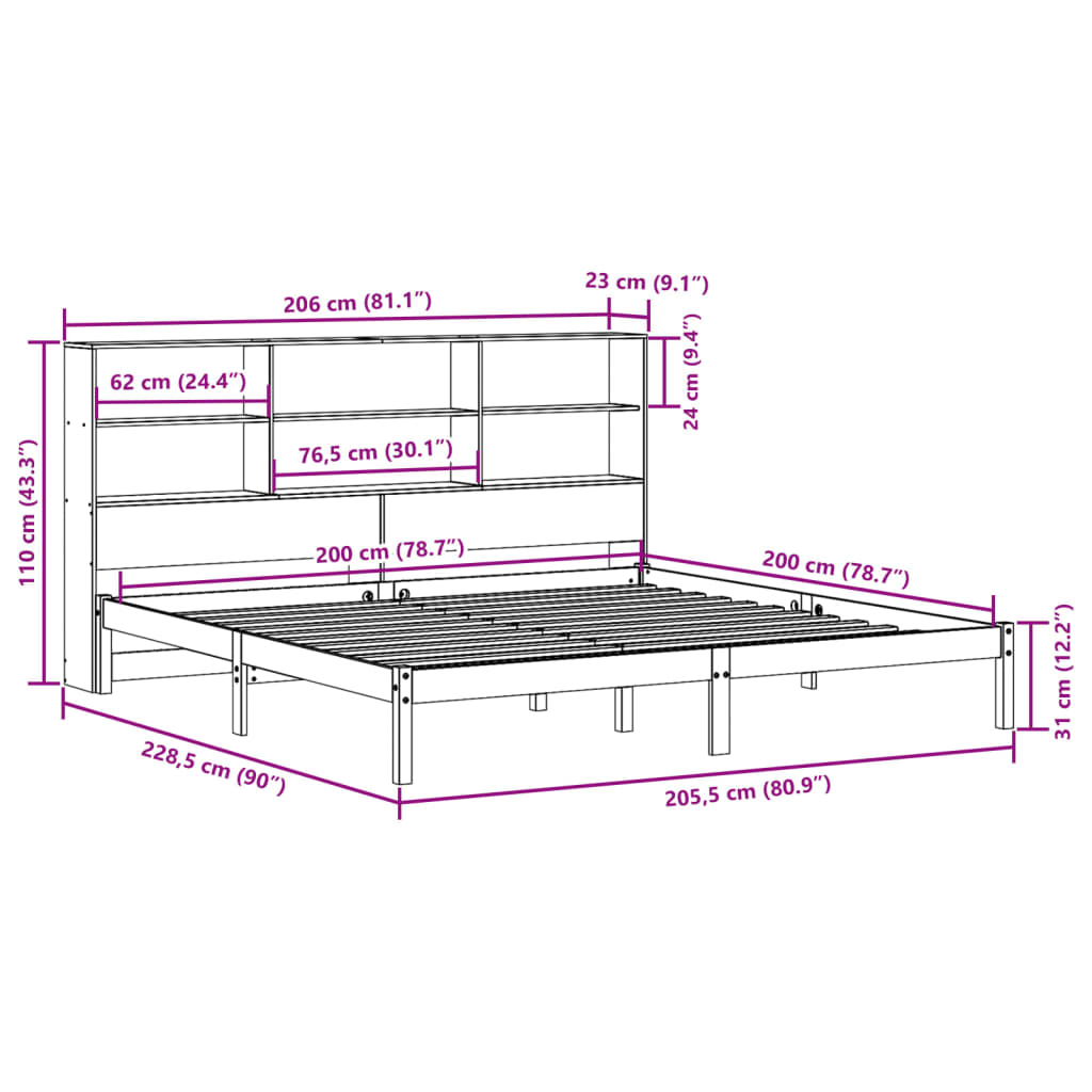 vidaXL Cama con estantería sin colchón madera maciza marrón 200x200 cm