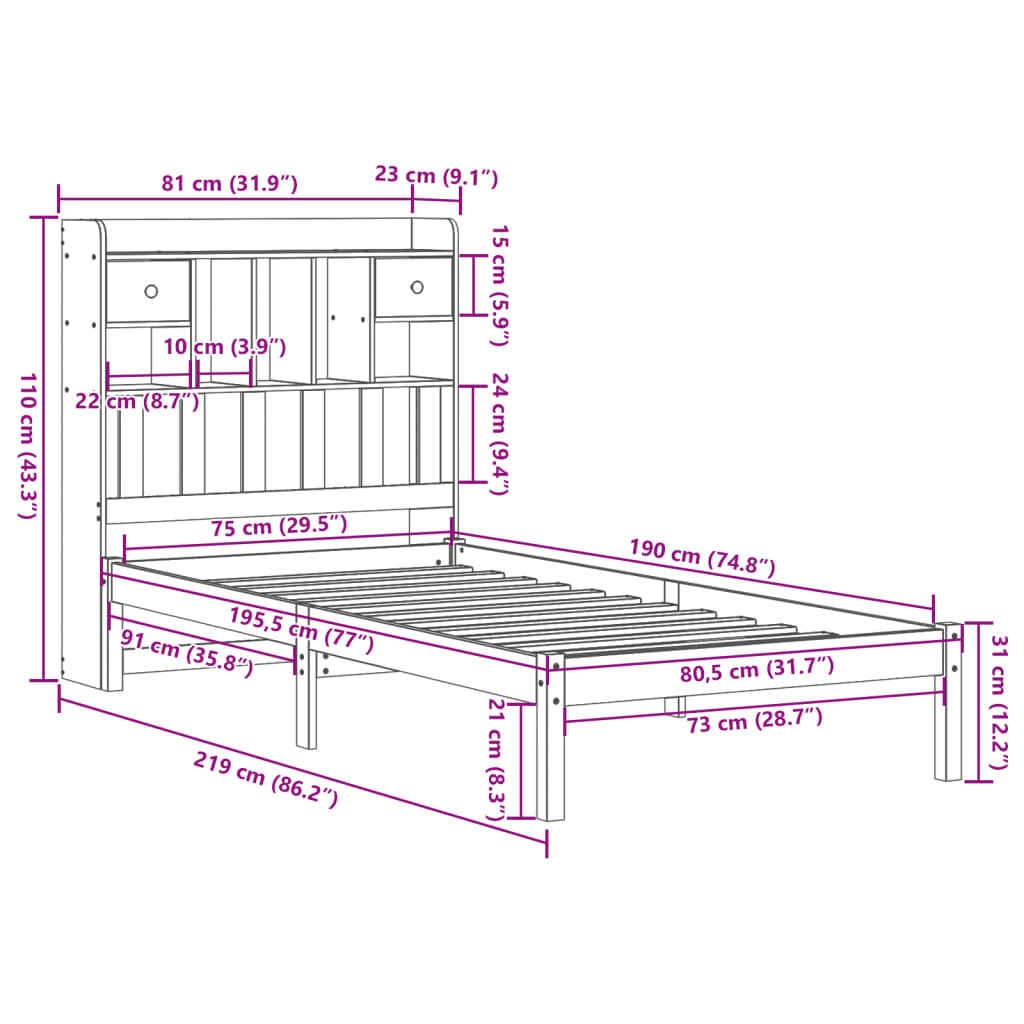 vidaXL Cama con estantería sin colchón madera maciza blanca 75x190 cm