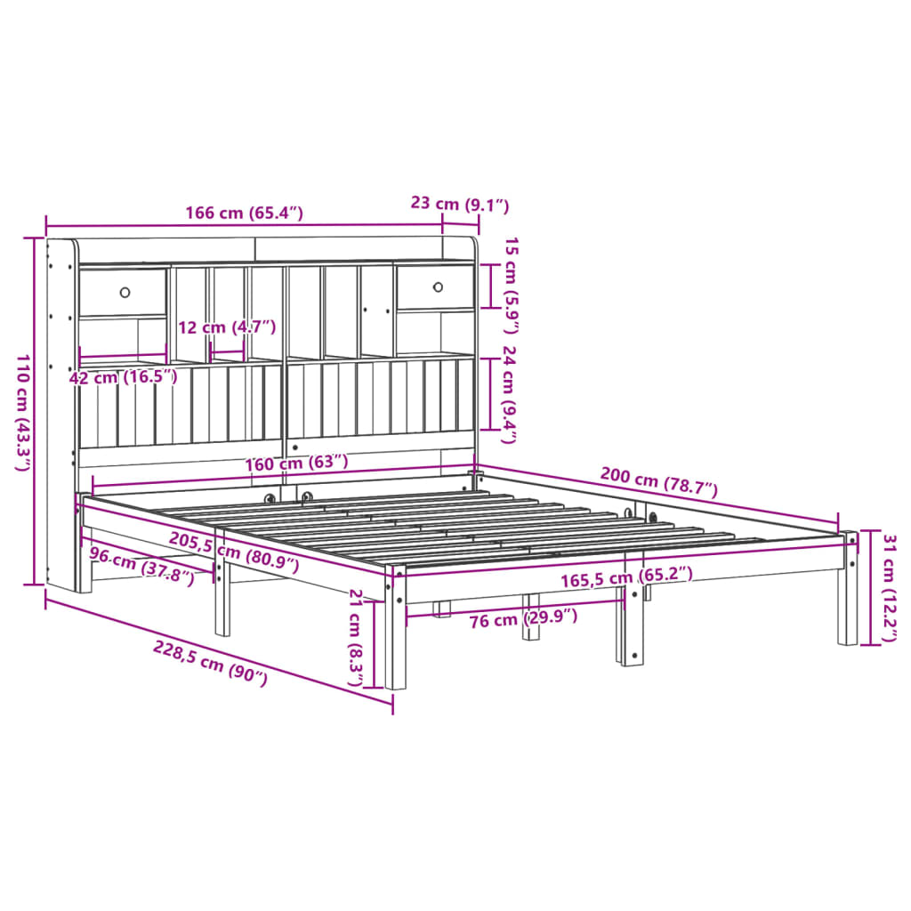 vidaXL Cama con estantería sin colchón madera maciza de pino 160x200cm