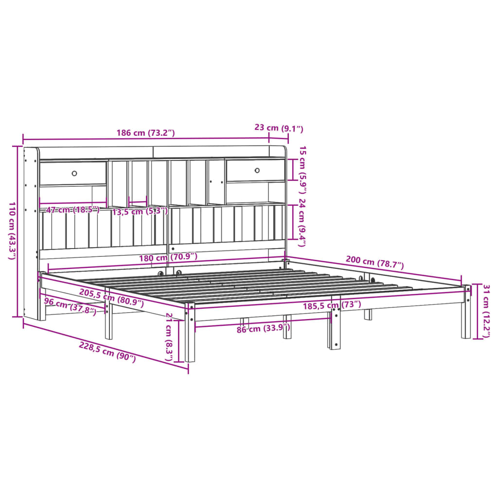 vidaXL Cama con estantería sin colchón madera maciza de pino 180x200cm