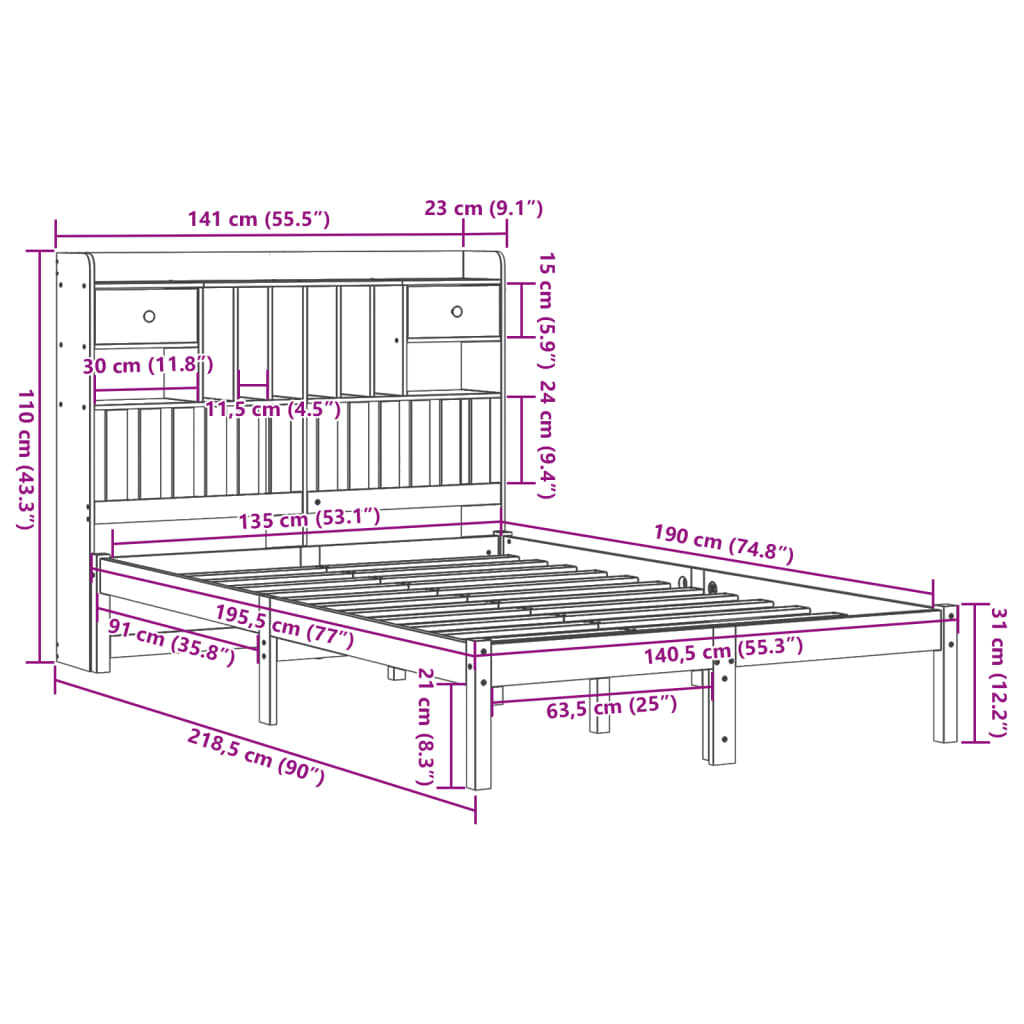 vidaXL Cama con estantería sin colchón madera maciza marrón 135x190cm