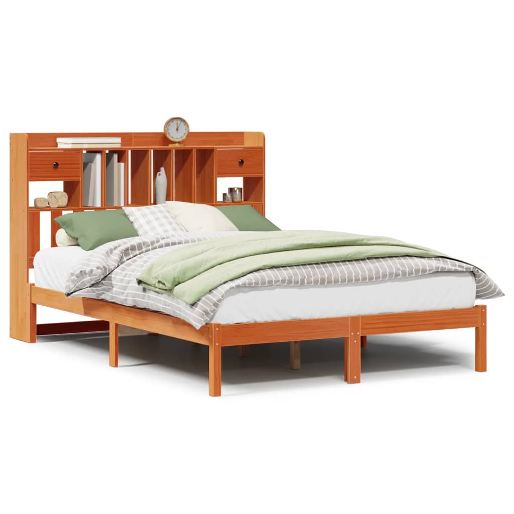 vidaXL Cama con estantería sin colchón madera maciza marrón 140x190 cm