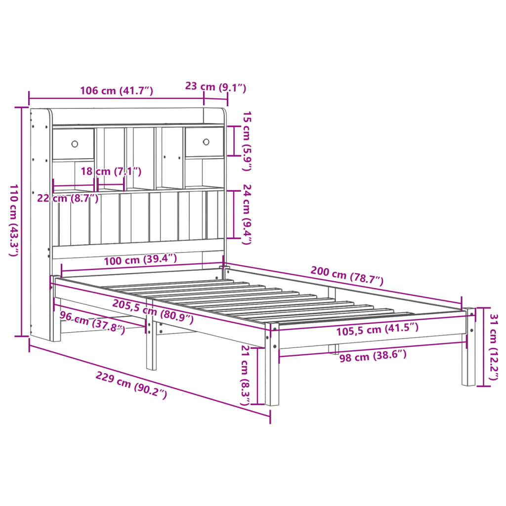 vidaXL Cama con estantería sin colchón madera maciza marrón 100x200 cm