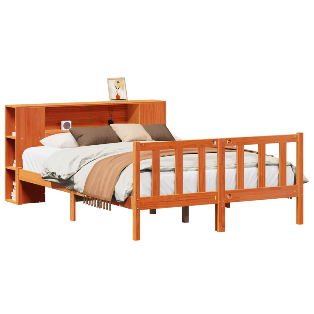 vidaXL Cama con estantería sin colchón madera maciza marrón 135x190cm