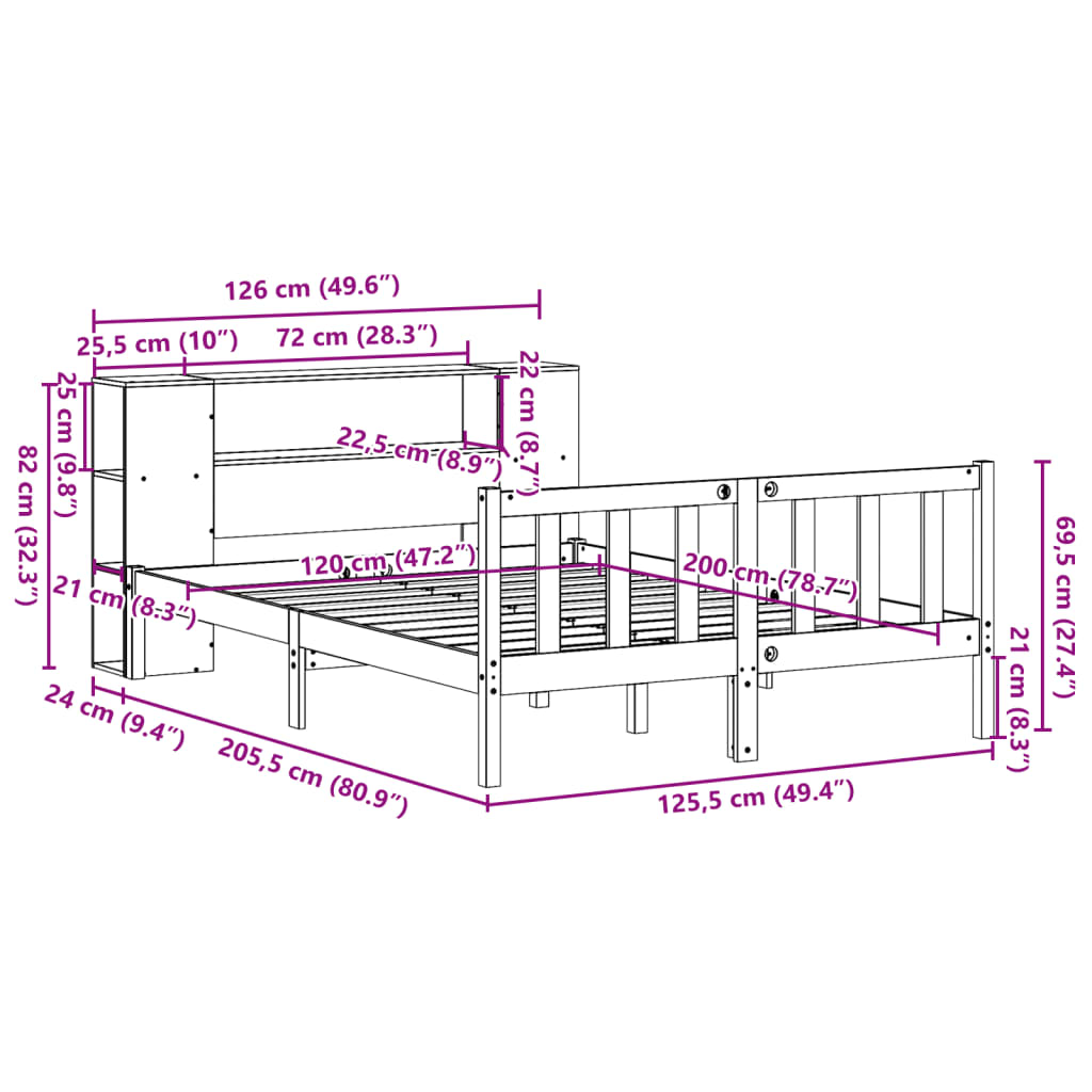 vidaXL Cama con estantería sin colchón madera maciza marrón 120x200cm