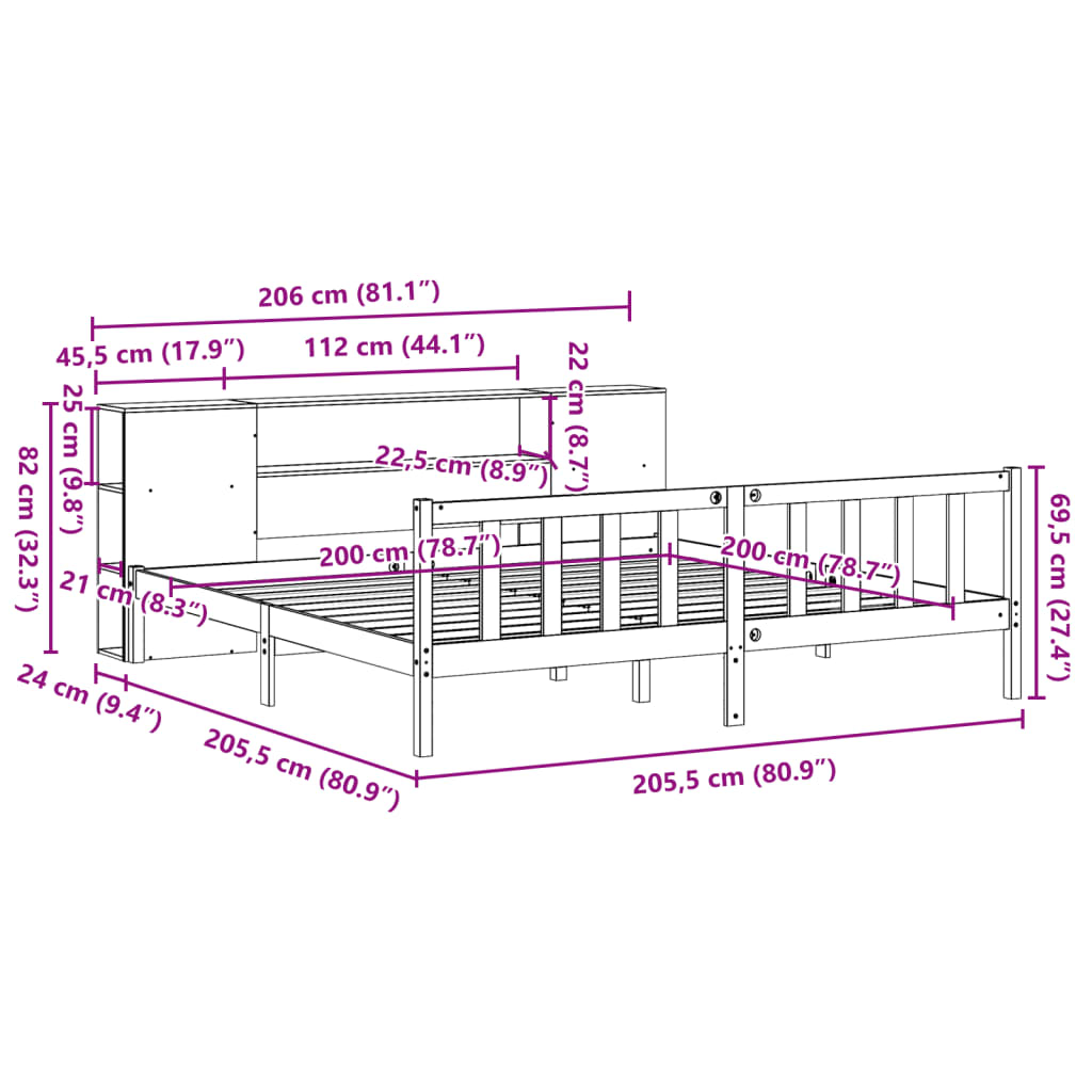 vidaXL Cama con estantería sin colchón madera maciza marrón 200x200 cm