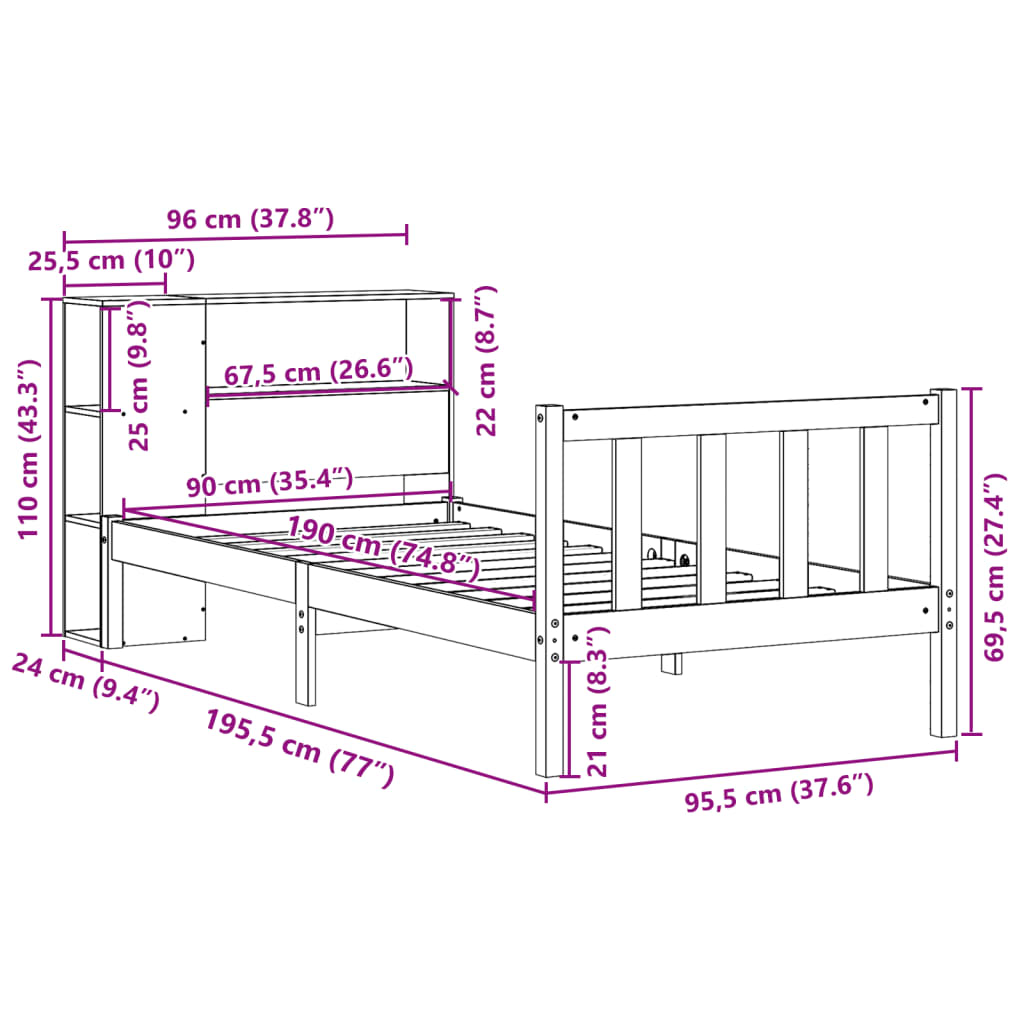 vidaXL Cama con estantería sin colchón madera maciza marrón 90x190 cm