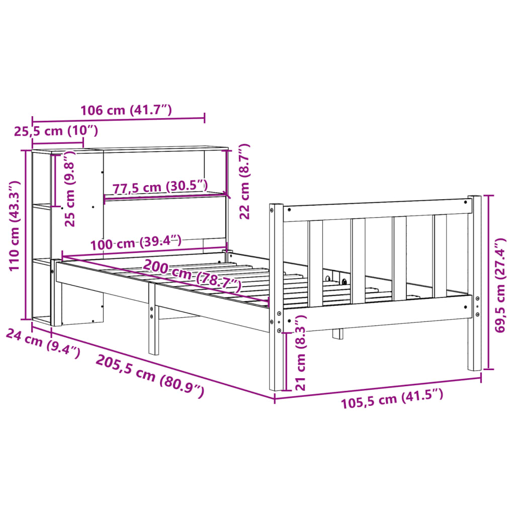 vidaXL Cama con estantería sin colchón madera maciza marrón 100x200 cm