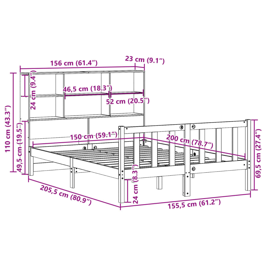 vidaXL Cama con estantería sin colchón madera maciza blanca 150x200 cm