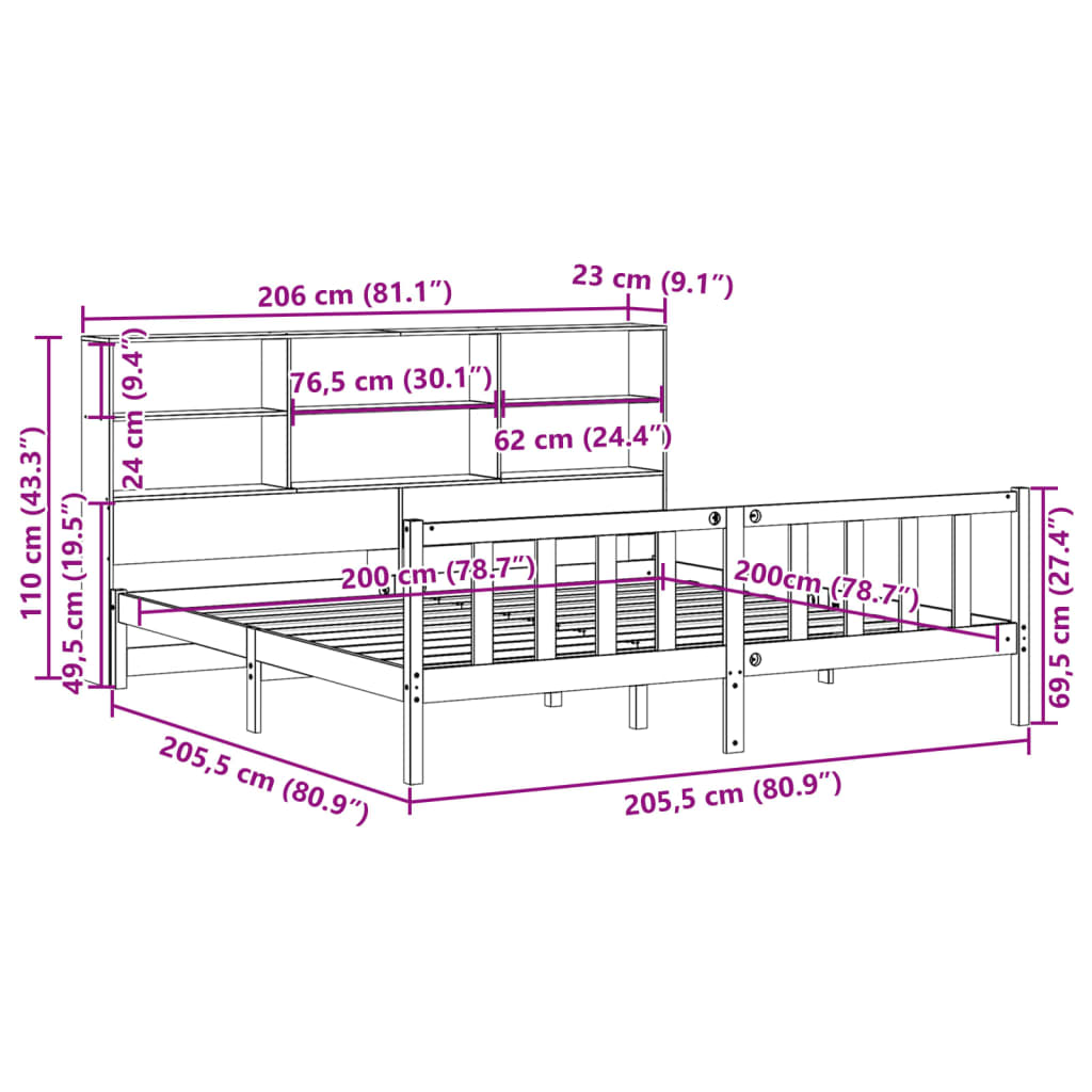 vidaXL Cama con estantería sin colchón madera maciza blanca 200x200 cm