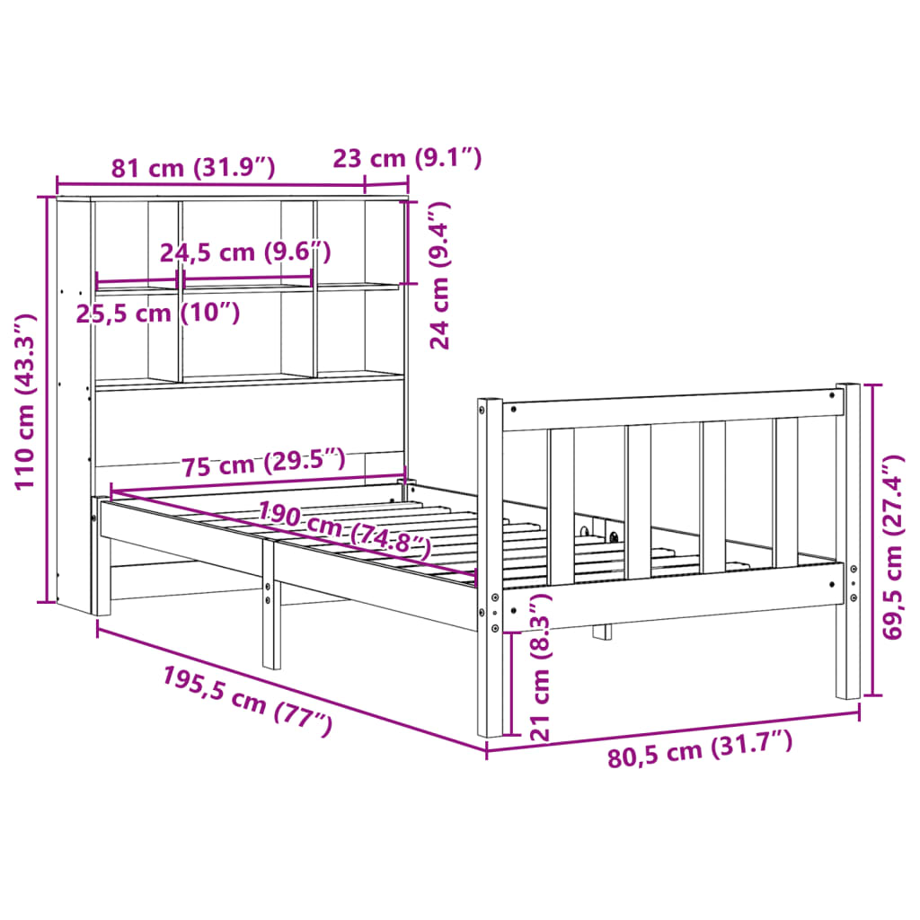 vidaXL Cama con estantería sin colchón madera maciza marrón 75x190 cm