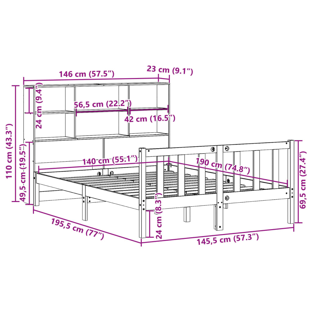 vidaXL Cama con estantería sin colchón madera maciza marrón 140x190 cm