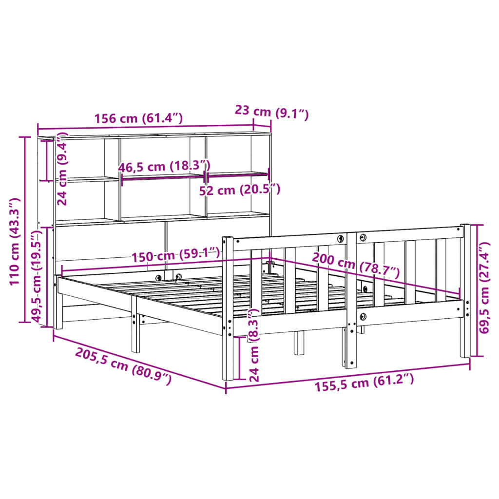 vidaXL Cama con estantería sin colchón madera maciza marrón 150x200 cm