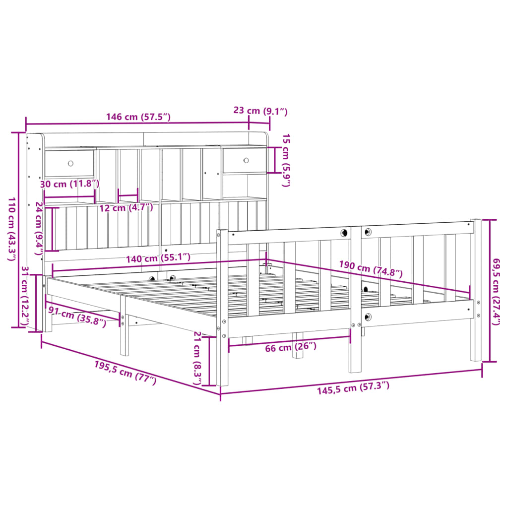 vidaXL Cama con estantería sin colchón madera maciza de pino 140x190cm