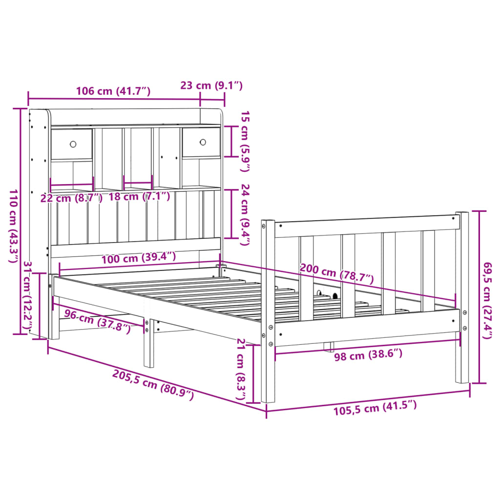 vidaXL Cama con estantería sin colchón madera maciza de pino 100x200cm