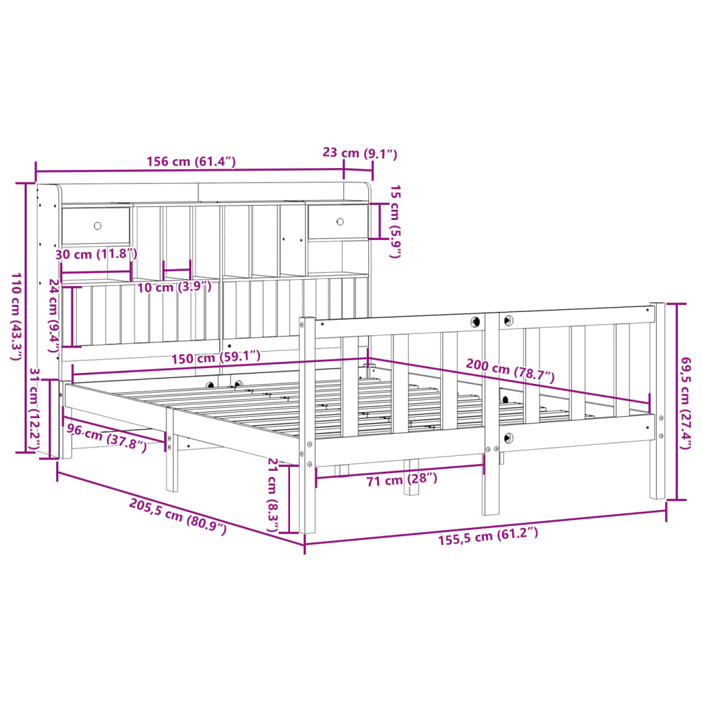 vidaXL Cama con estantería sin colchón madera maciza de pino 150x200cm